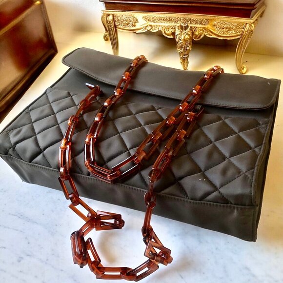 Vintage Brown Quilted Nylon Shoulder Handbag Plastic Chain Handles New - Picture 10 of 13